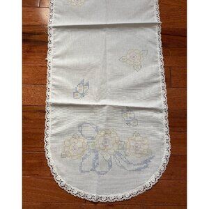 Flower and Ribbon Stamped Cross Stitch Table Runner Lace Trim 13x36"